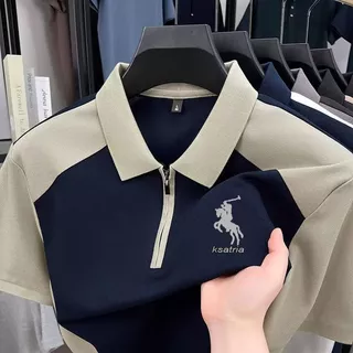 เสื้อโปโลผู้ชาย สีดำ/เทา มีปก มีซิป สไตล์สปอร์ต