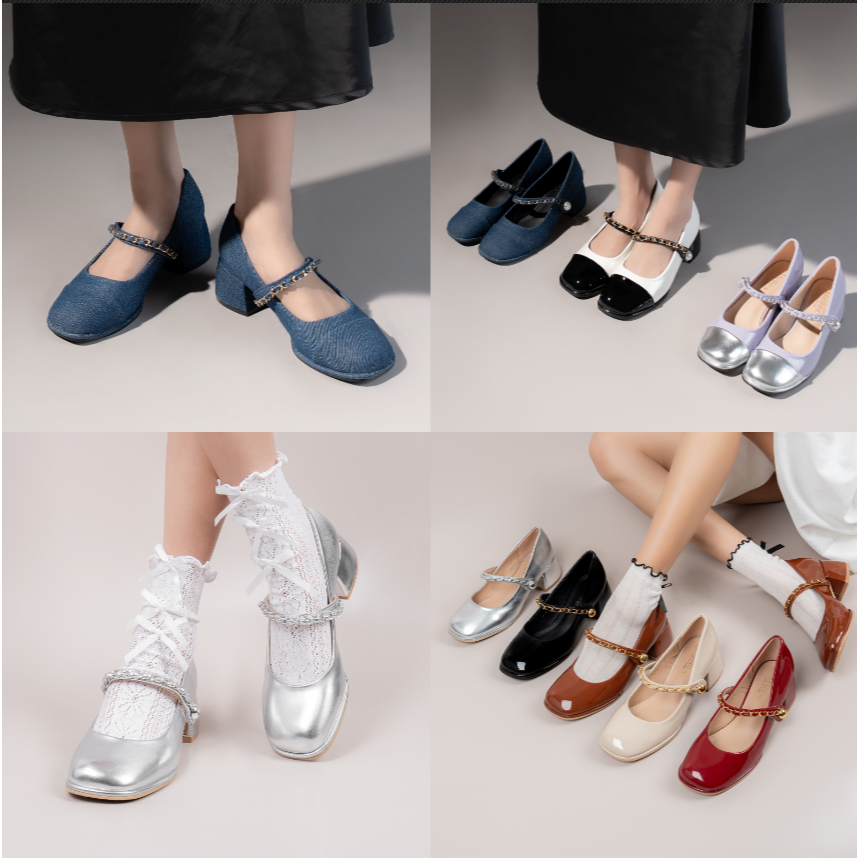 Mellowco รองเท้าแมรี่เจน Mary Jane หนังแก้ว/ผ้ายีนส์ สูง 2 นิ้ว รุ่น Call Me Daycie 11-3232