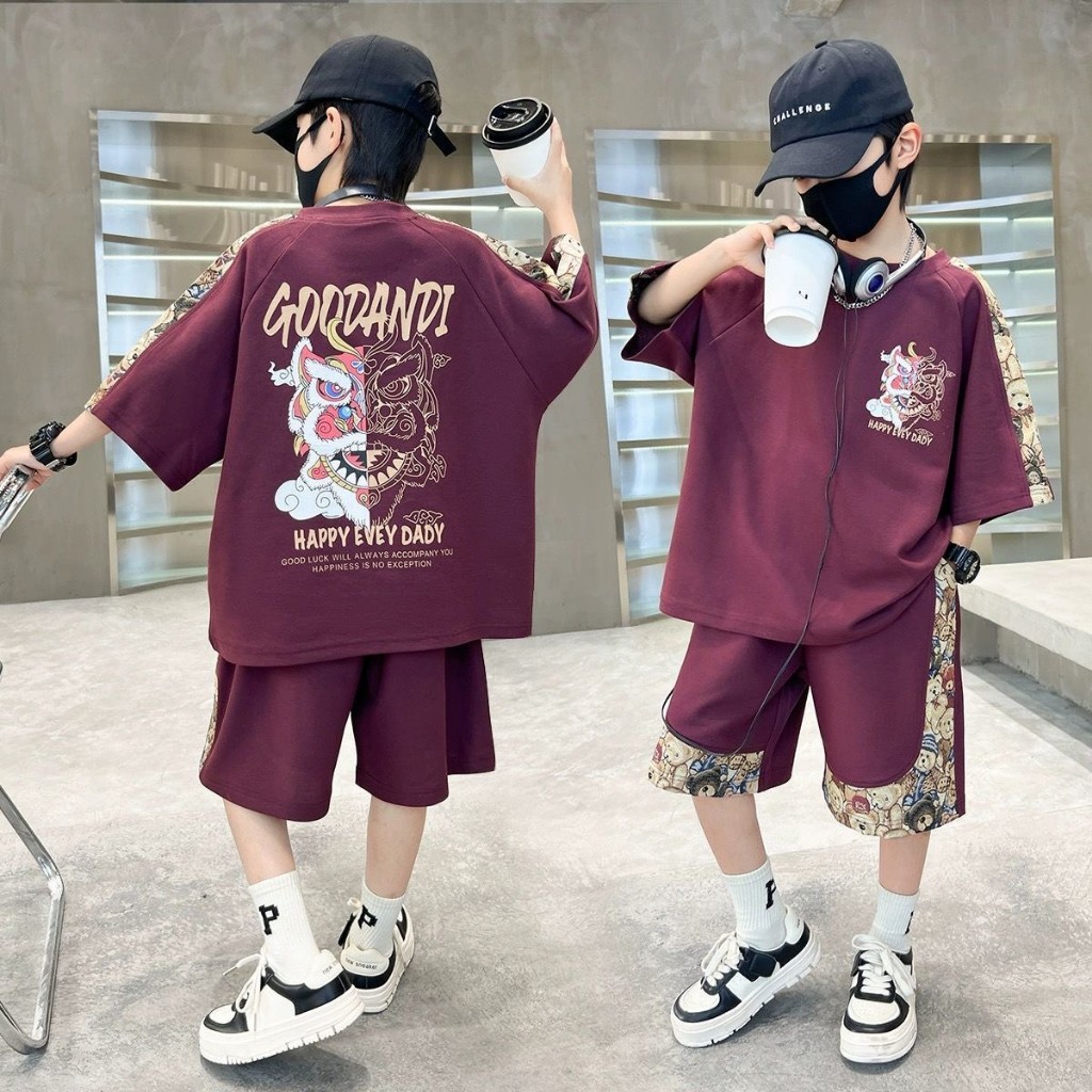ML-726 ชุดเซ็ตเด็กผู้ชายลายสิงโตแฟชั่น เซ็ต2ชิ้น(เสื้อแขนสั้น + กางเกงขาสั้น) ผ้าโปโล แฟชั่นชุดเด็ก เสื้อผ้าเด็กเท่ๆ