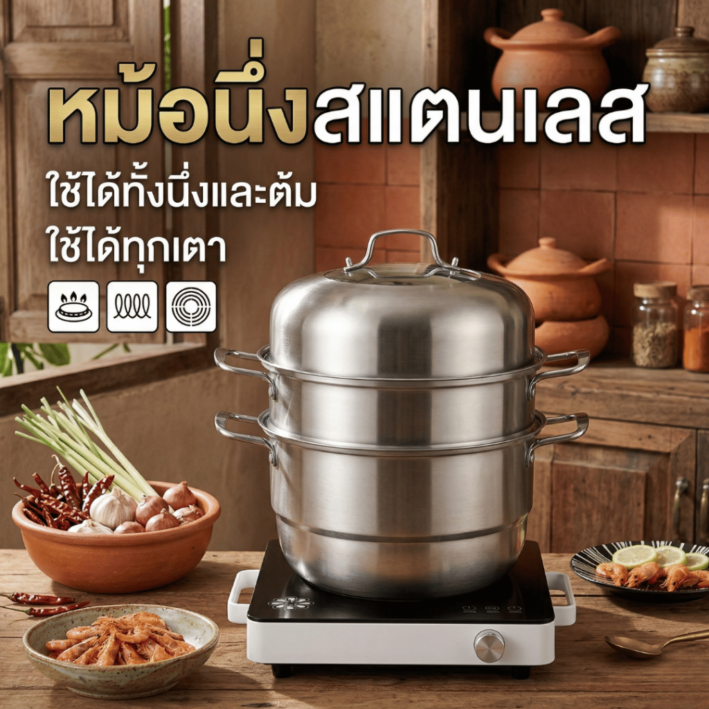 หม้อนึ่งสแตนเลส 2ชั้น หม้อนึ่งอเนกประสงค์ ฝาสูง รุ่นหนา เจาะช่องกระจก ซึ้งนึ่งอาหาร ใช้ได้ทั้งนึ่งและต้ม ใช้ได้ทุกเตา