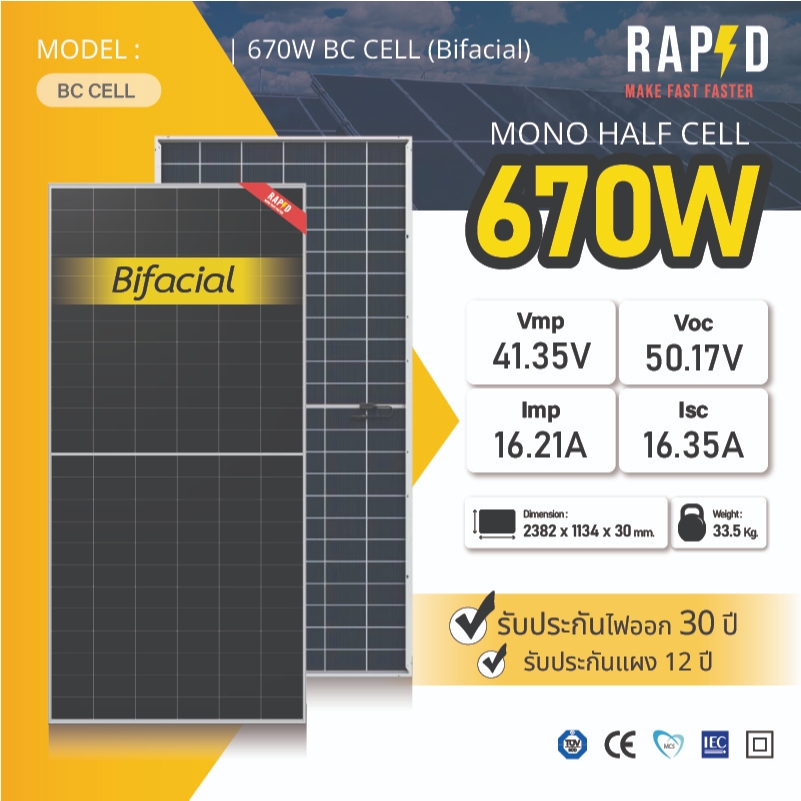 (สินค้าพรีออเดอร์) รวมจัดส่ง* RAPD 670W เกำลังไฟสูง 670W เต็มประสิทธิภาพ เทคโนโลยี BC CELL แบบรับแสง2ด้าน