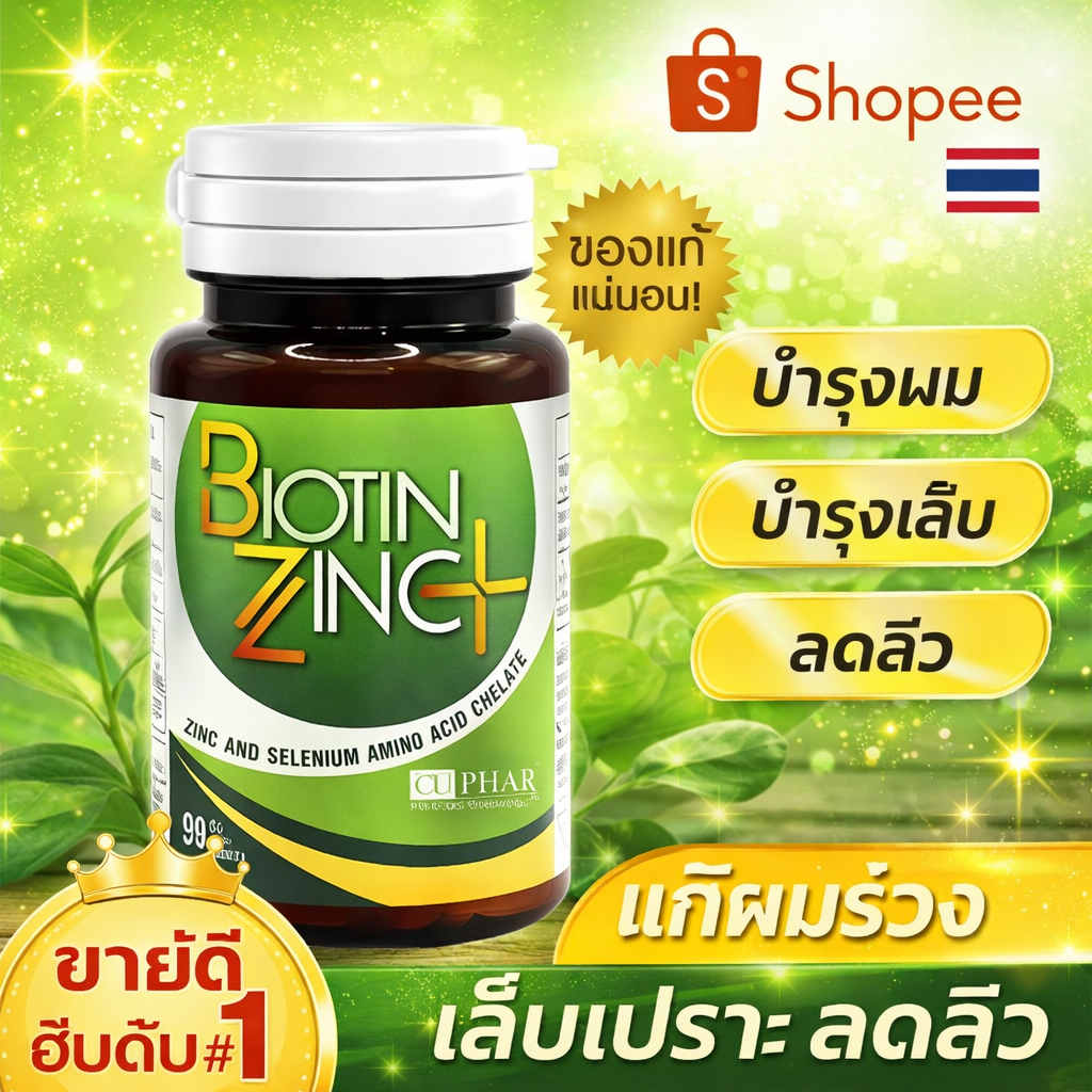 สูตรใหม่ Biotin Zinc Plus เภสัชจุฬา เพิ่ม Selenium 90เม็ด/1ขวด