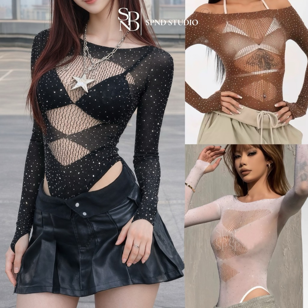 SPNDSTUDIO【พร้อมส่ง】บอดี้สูทแขนยาวแต่งกลิตเตอร์ซีทรู เข้ารูปกระชับใส่สบาย แซ่บหรูวิบวับทุกองศา มี3สี(T330YD)