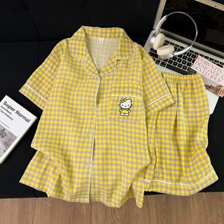 ชุดนอน Hello Kitty น่ารัก ลายสก๊อตสีเหลือง 2ชิ้น เสื้อสั้น ก…
