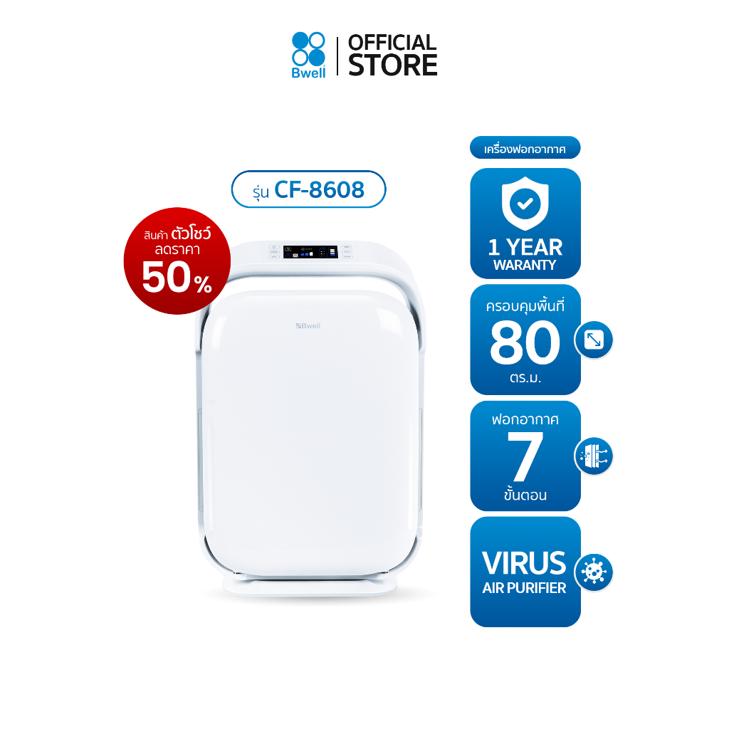 Bwell เครื่องฟอกอากาศขนาด 40-80 ตรม. 7 ขั้นตอน รุ่น CF-8608 สินค้าตัวโชว์ ลด 50%