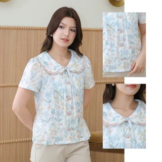 Glucoat | [U433] เสื้อแขนสั้นคอบัว พิมพ์ลายดอกไม้ แต่งชายระบาย พร้อมเชือกผูกโบว์ กระดุมหน้าใช้งานได้จริง