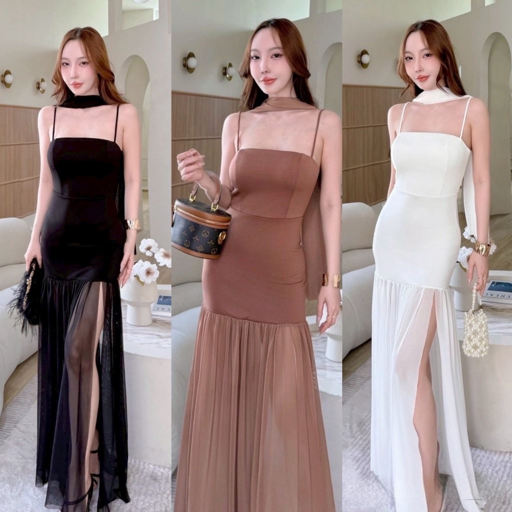 A1017 -เดรสยาวสายเดี่ยว แถมผ้าพันคอ ชุดออกงาน เดรสยาว ชุดไปงานแต่ง