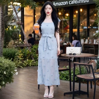 TT17921 เดรสยาว ซีทรูแต่งดอกปอมๆ