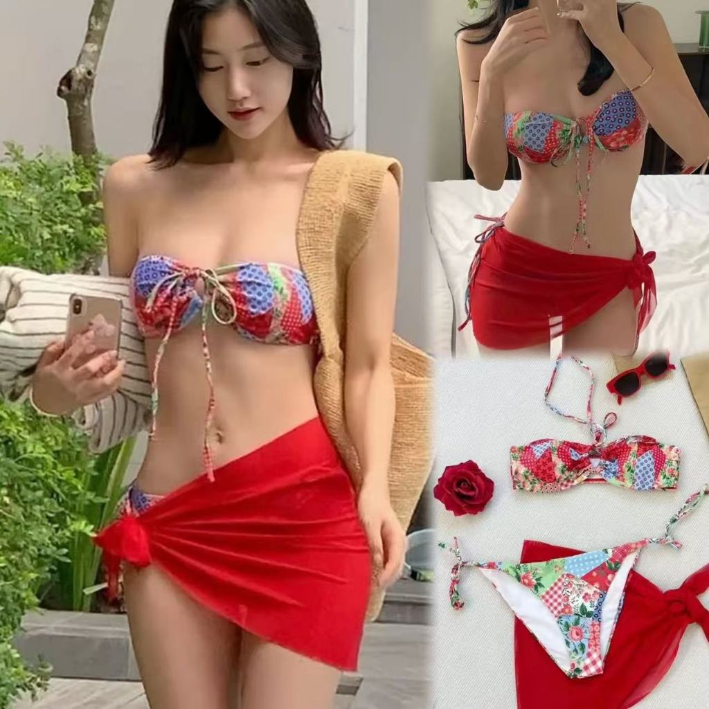 🌸Swift Bra🌸ชุดว่ายน้ำเซ็กซี่ bikini บิกินี่ 3 ชิ้น ลายหมี เว้าหลัง ดันทรง รุ่นใหม่ summer beach