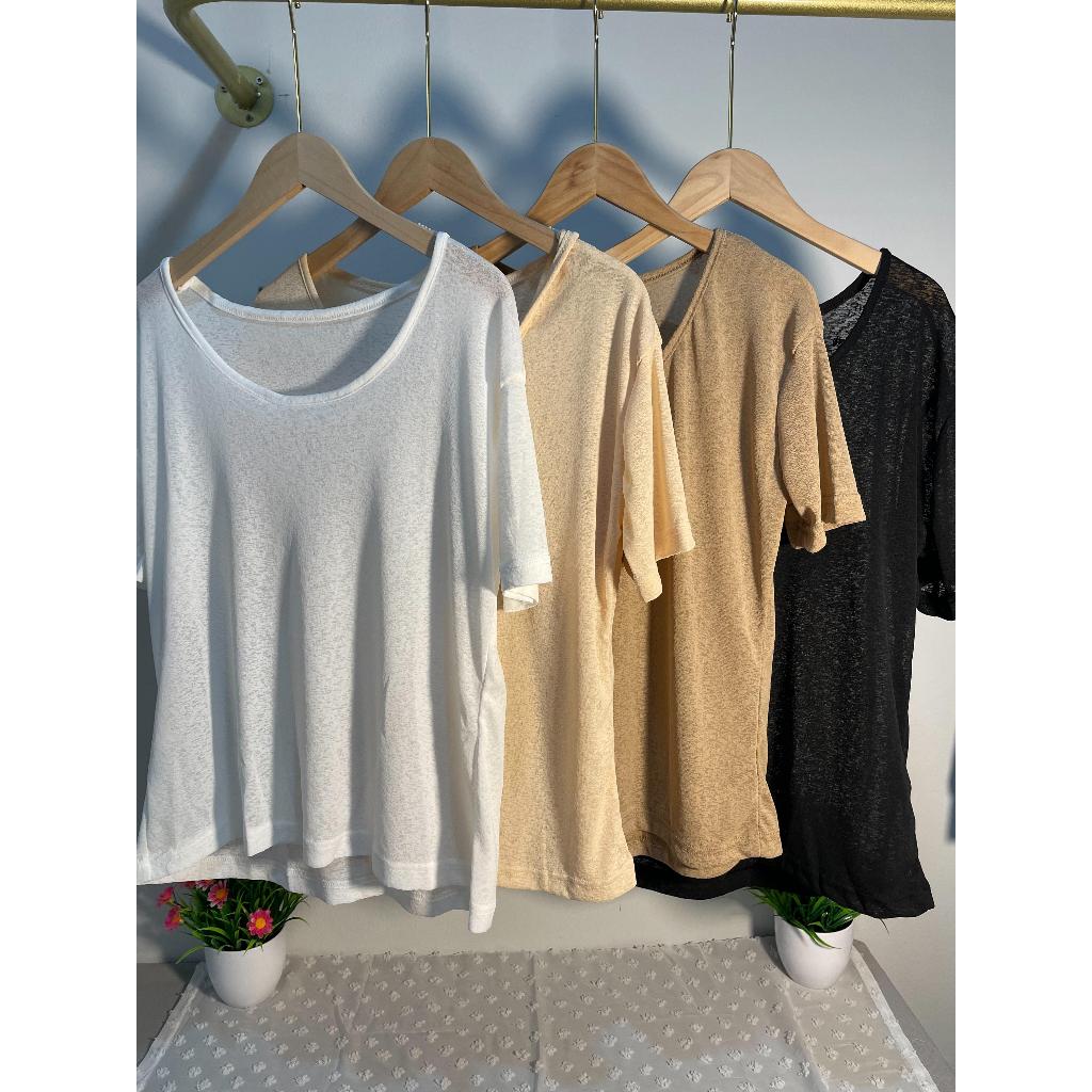 Red Berry เสื้อยืดคอวีบางแขนสั้นผ้าลินินสำหรับผู้หญิง เสื้อท่อนบนผ้าฝ้ายซีทรู 2672