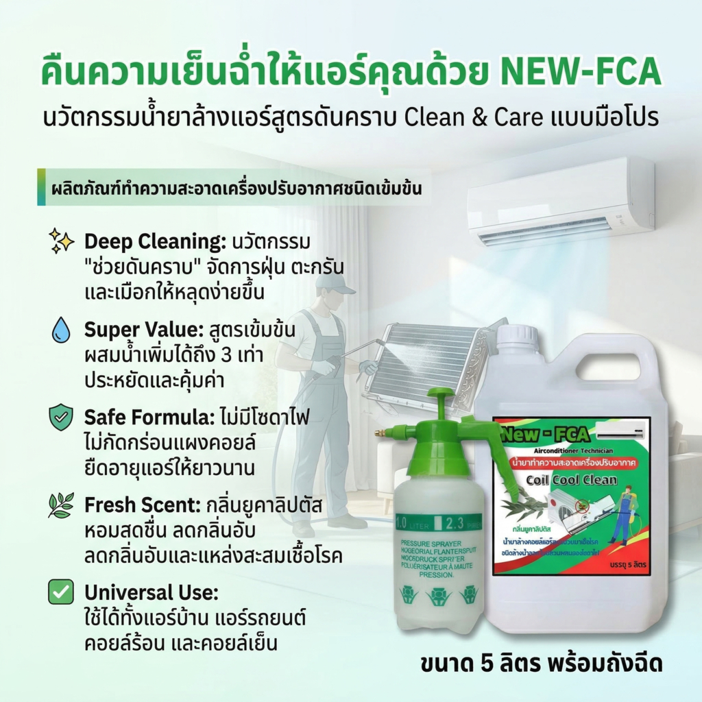 NEW-FCA น้ำยาล้างคอยล์แอร์ ล้างได้ทั้งคอยล์ร้อนคอยล์เย็นใบพัดลมโพรงกระรอกแอร์บ้านแอร์รถยนต์ ชนิดล้างออก