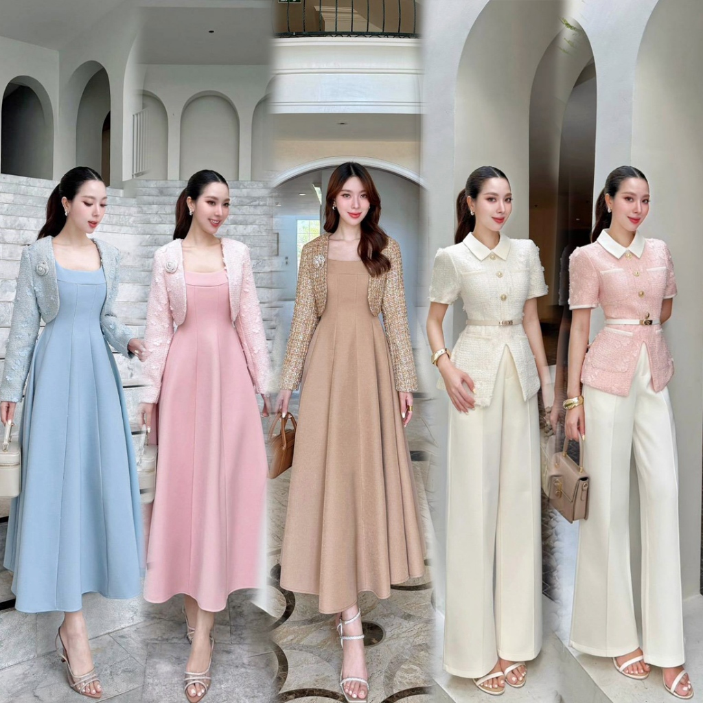 S-XXL ชุดเซท 2ชิ้น เสื้อผ้าทวีด+กระโปรง,กางเกง สีครีม ชมพู ฟ้า ดำ น้ำตาล #lalabelle