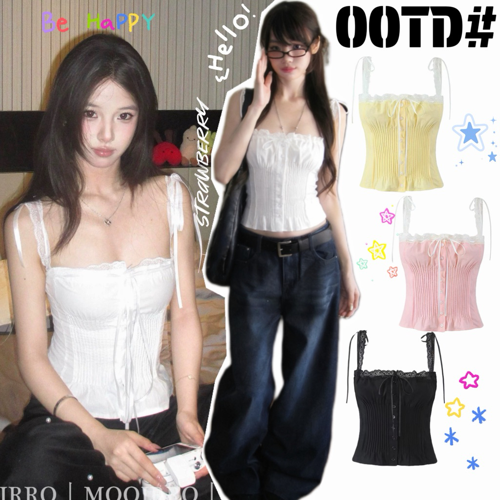 STR พร้อมส่ง🎐🌷เสื้อสายเดี๋ยวเสื้อสไตล์ลูกคุณหนูดีเทลลูกไม้ ชุดเจ้าหญิง เชื่อกผูกโบว์ จับจีบด้านหน้าสไตล์น่ารักเซ็กซี่