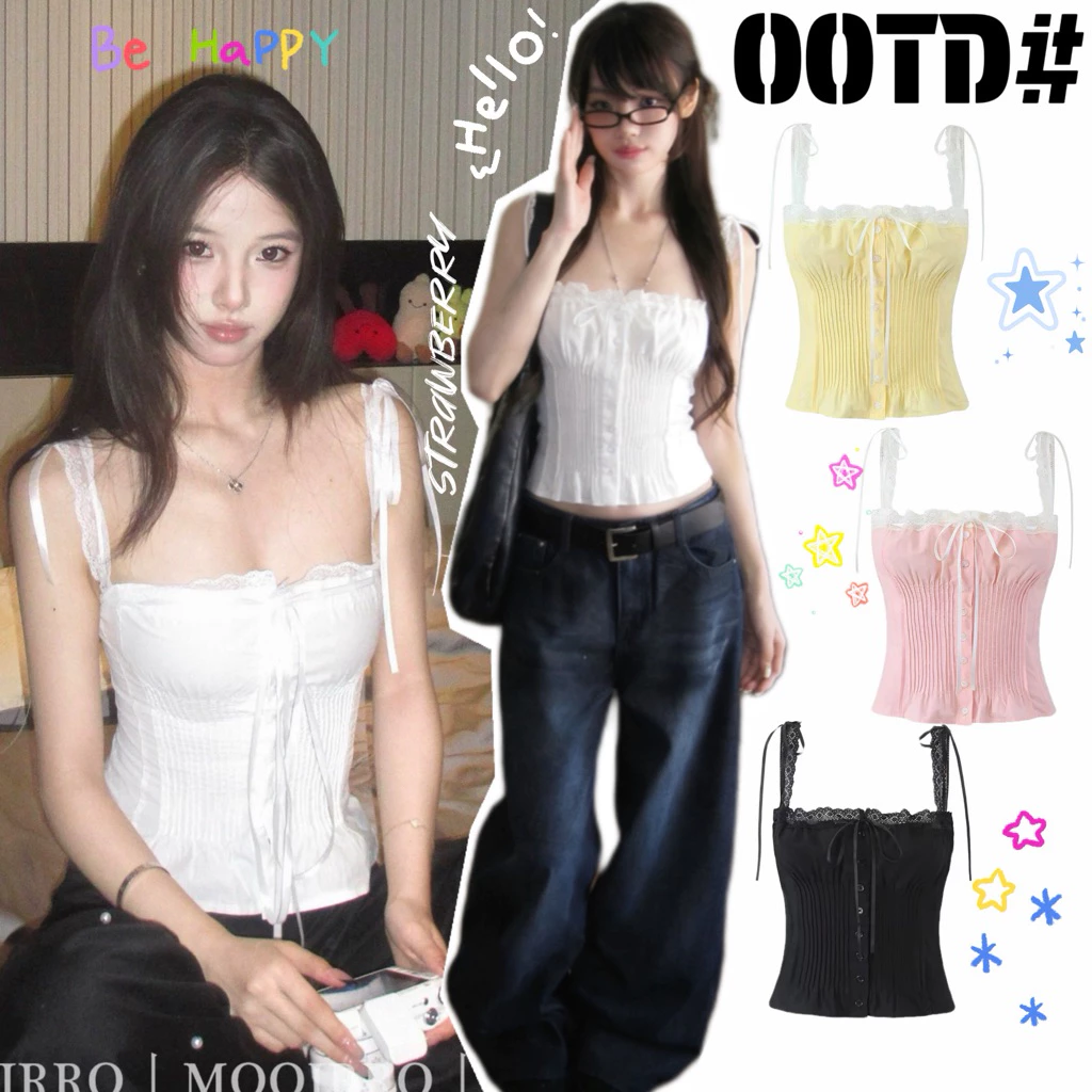 STR พร้อมส่ง🎐🌷เสื้อสายเดี๋ยวเสื้อสไตล์ลูกคุณหนูดีเทลลูกไม้ ชุดเจ้าหญิง เชื่อกผูกโบว์ จับจีบด้านหน้าสไตล์น่ารักเซ็กซี่