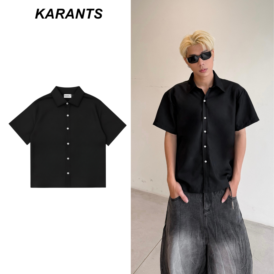 (ของเข้าเยอะ) Karants เสื้อเชิ้ตแขนสั้น ทรง Cropped Boxy - KR373 กระดุมแป๊กโลหะ ผ้า Cotton เย็น พรีเ