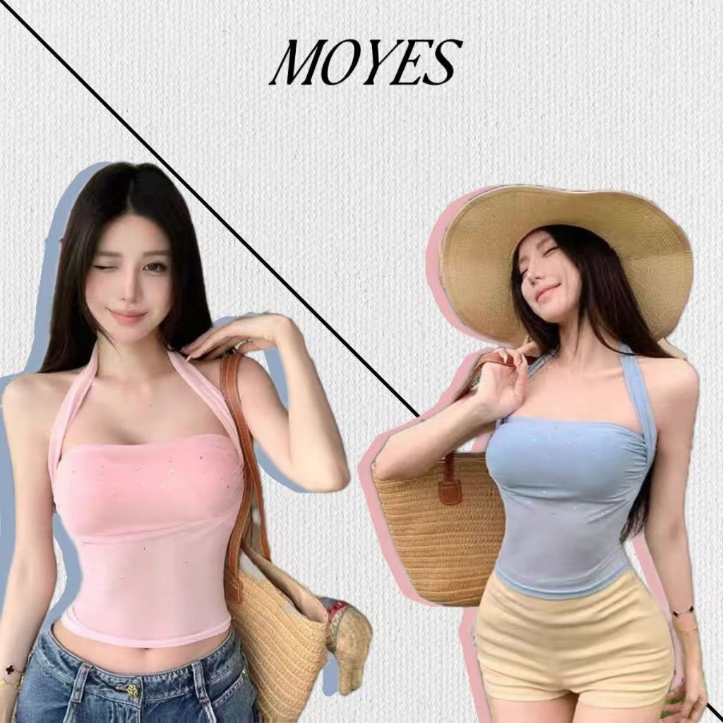 MOYES 🔥เสื้อกล้ามสายคล้องคอสุดเซ็กซี่ มีฟองน้ำเสริมทรง ดีไซน์เปิดหลังไร้สาย ประดับด้วยเพชรเทียม