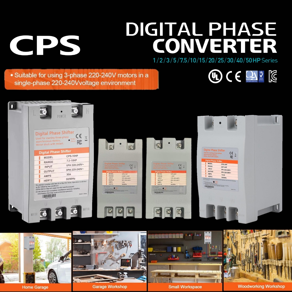 CPS Single Phase to 3 Phase Converter, Digital Phase Shifter for 0.5HP - 20HP (0.4kW - 15kW) 1.5A - 