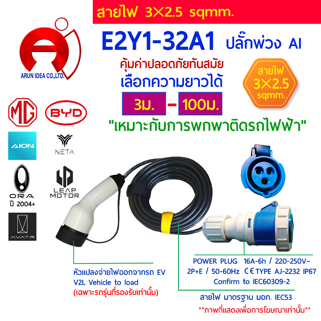 ปลั๊กพ่วง ปลั๊กไฟ รถไฟฟ้า Power Plug V2L MG BYD AION NETA ORA LEAP MOTOR AVATR สาย3x2.5 มอก 3ม. - 10