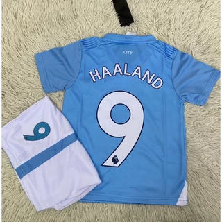 ชุดฟุตบอลเด็กสีฟ้าเบอร์9สกรีนชื่อHAALANDเสื้อ+กางเกง