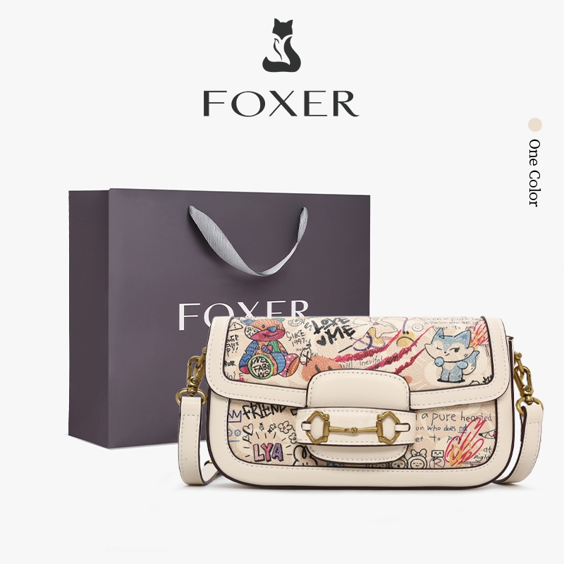 FOXER กระเป๋าสะพายไหล่ลายกราฟฟิตีสุดเก๋ กระเป๋าสะพายข้างสุดหรูและสง่างาม กระเป๋าผู้หญิง