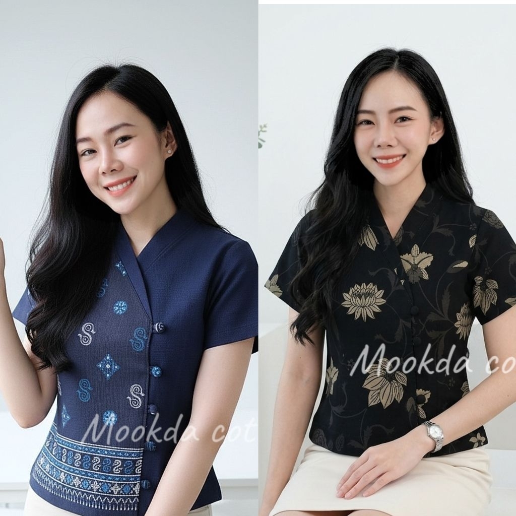🍿🍿เสื้อผ้าฝ้ายป้ายข้างลายดอกรักพระราชทาน ลายดอกรักราชกัญญา อัดกาวทั้งตัว ไซส์ใหญ่ อก34-48นิ้ว🍿🍿