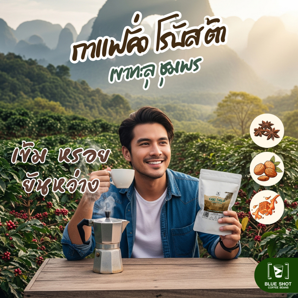 เมล็ดกาแฟคั่ว โรบัสต้า เขาทะลุ ชุมพร | 100%Robusta | Premium | หอมเข้ม ยันหว่าง |  500 กรัม