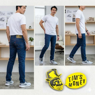 กางเกงยีนส์ขายาวผู้ชาย ทรงกระบอกกึ่งเดฟ Slim fit แบรนด์ [TIM'S MONEY] แท้ ผ้ายืด เป้าซิป