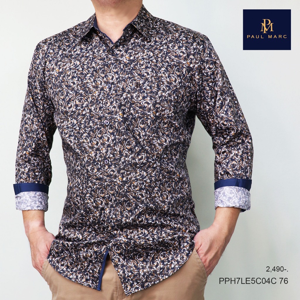 PAUL MARC เสื้อเชิ้ตลายพิมพ์สีน้ำตาล slim fit signature print ultrasoft ผ้านุ่มมาก ยับยาก PPH7LE5C04