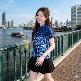 LANNA - เสื้อคอจีนผ้าลายไทย เสื้อผู้หญิงใส่ทำงาน ใส่ออกงาน ผ้าฝ้ายพิมพ์ลายทรงสวยใส่สบาย