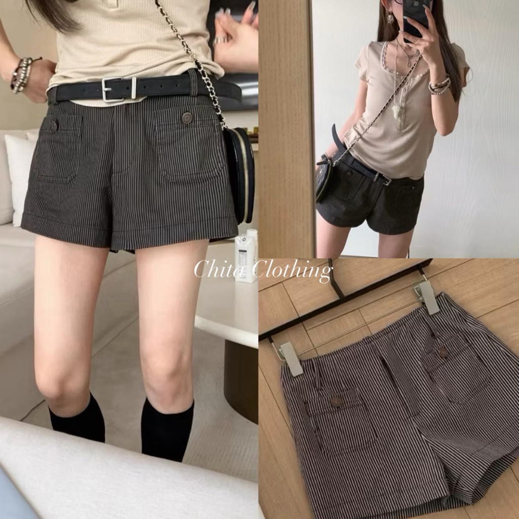 พร้อมส่ง 6375 กางเกงขาสั้นลายริ้ว เนื้อผ้าดี ทรงสวย TAG:WG.WE