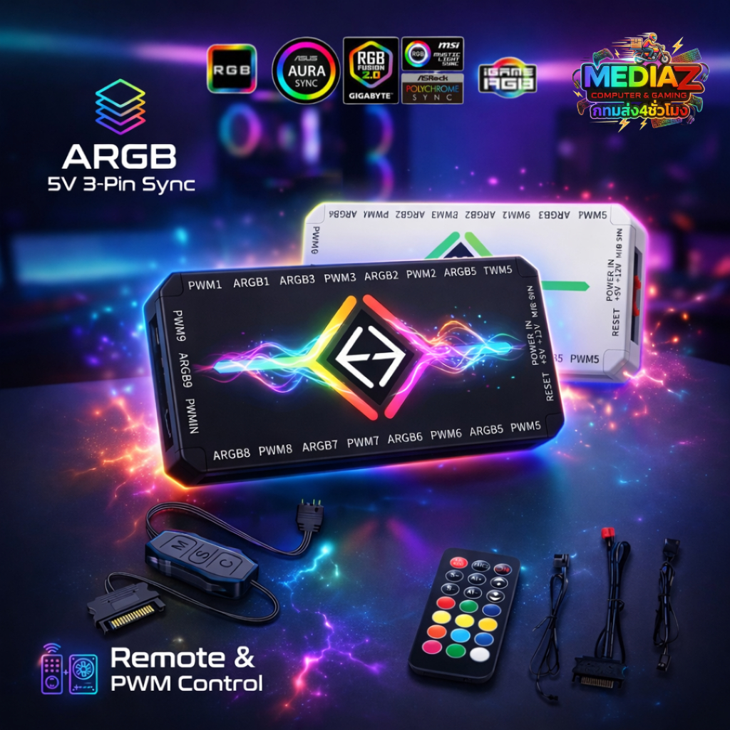 ส่งทันที ตัวปรับไฟ Argb Controller 5V 3pin มีสาย ไร้สาย hub fan strip White RGB wireless Media Z