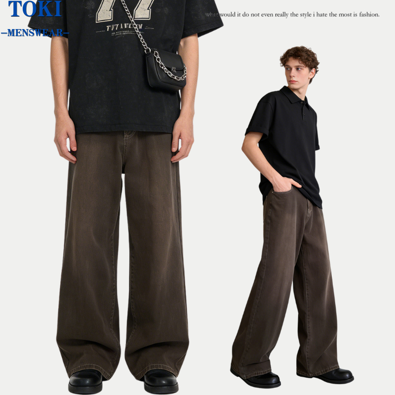 toki-Baggy Fit Jeans กางเกงยีนส์ผู้ชาย ขายาว ทรงกระบอก เอวสูง สีน้ำตาล สไตล์อเมริกันสตรีท ทรงหลวม M-3XL