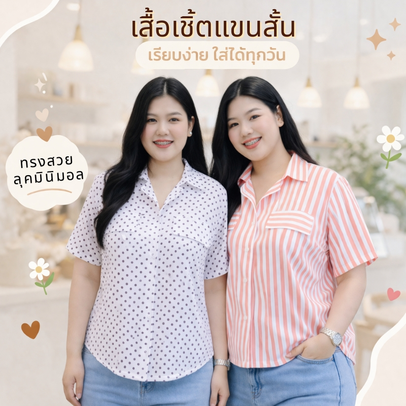 เสื้อเชิ้ต คอปก แขนสั้น ลายริ้ว ลายจุด งานสาวอวบ ผ้าไหมอิตาลี่ ทรงสุภาพ tb0057#