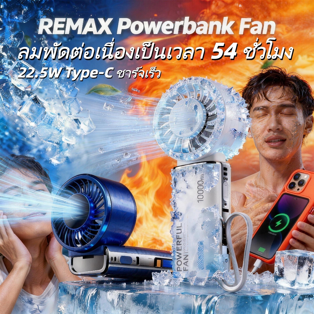 [CCC]REMAX 4 in 1 พัดลมพกพา แบตเตอรี่ Powerbank 10000mAh 22.5W fan พัดลมมือถือ พัดลมพกพาความเร็วสูง