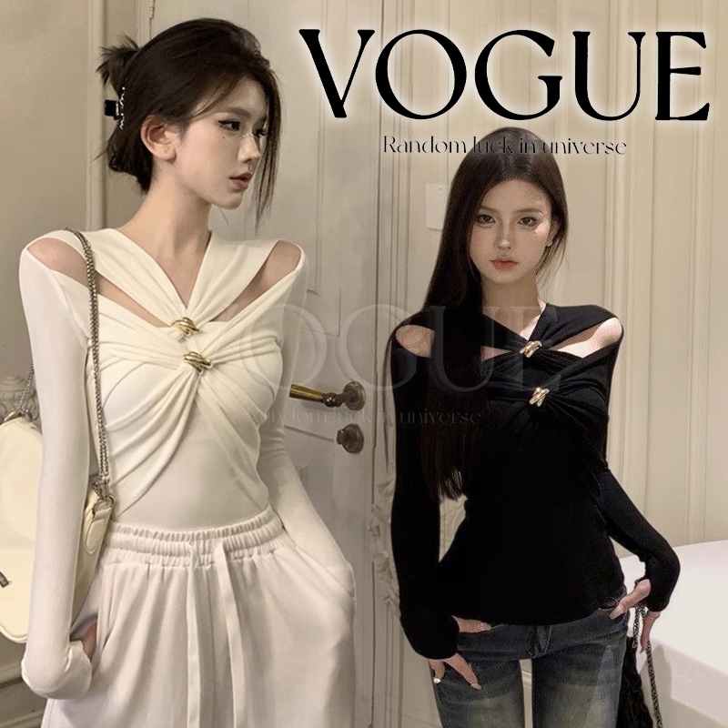 Vogue🌟พร้อมส่ง🌟 เสื้อแฟชั่นแขนยาว แตงสองชั้น อะไหล่ทอง เข้ารูปใส่สบาย สุดแซ่บ (FY5063)