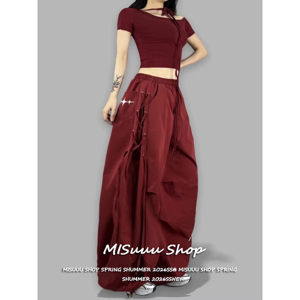[Hip-hop Wide-leg Cargo Pants]ฤดูร้อนสไตล์อเมริกันสปอร์ตฮิปฮอปสวมใส่สบายลายริ้วรอยกางเกงขากว้าง