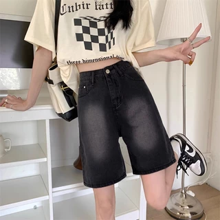 S~5XL MINI shorts jeans Dark grey กางเกงยีนส์ขาสั้นไล่สีสไตล์เรโทร กางเกงยีนส์ขาสั้นทรงตรงเอวสูงเนื้อบางสำหรับใส่ลำลองใน