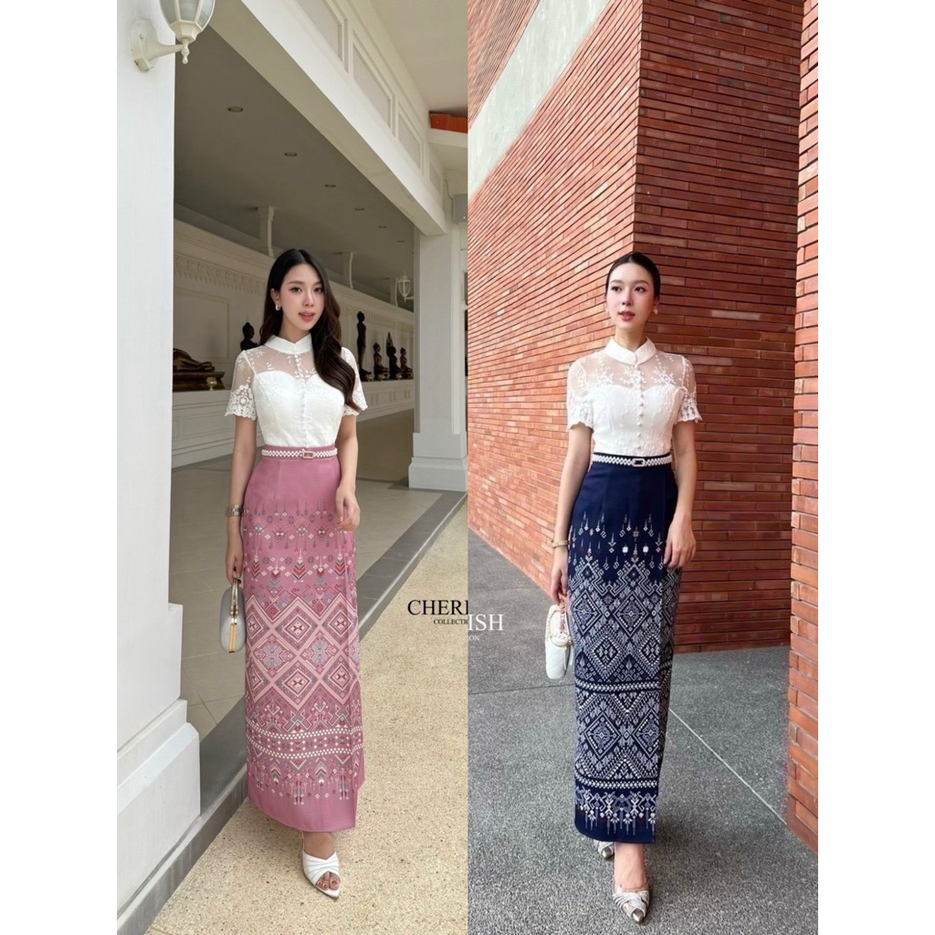 D10 งานป้าย Cherish Set เซ็ทเสื้อ+ผ้าถุงสำเร็จ+เข็มขัด ชุดไทยประยุกต์ สำหรับผู้หญิง สาวอวบ เสื้อผ้าผู้หญิง ไซส์ Xs-XL