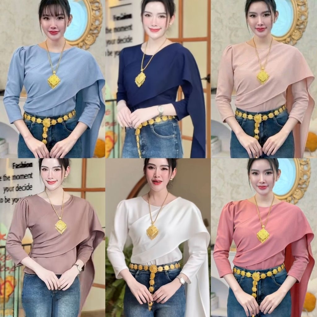 *อก 32-36/ 38-42 นิ้ว* แขนยาว เสื้อยืดแต่งสไบ ผ้ายืดวูลเวฟ