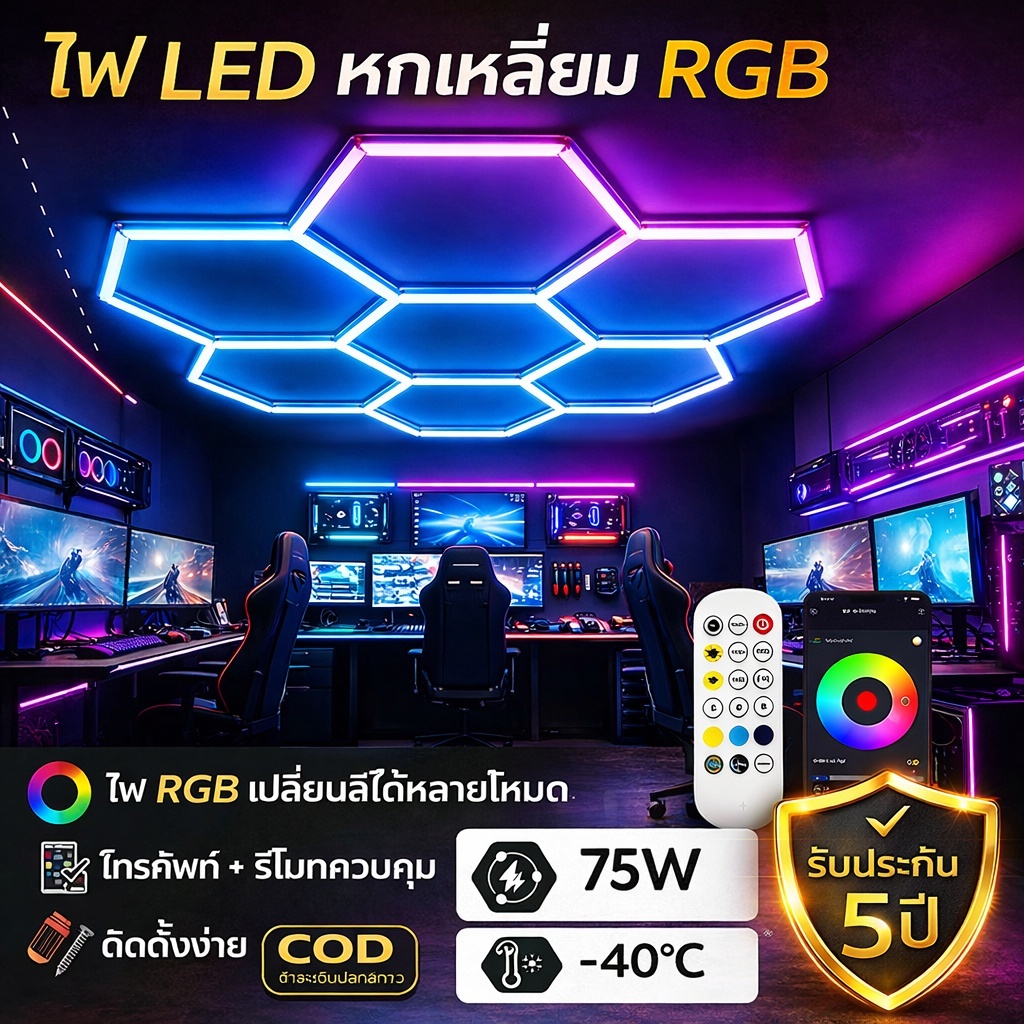 หกเหลี่ยมไฟ RGB ไฟ RGB หกเหลี่ยม ไฟแต่งห้องเกม Garage  ติดตั้งง่าย ส่งไว ควบคุมผ่านมือถือ + รีโมท ติดตั้งง่าย รองรับ