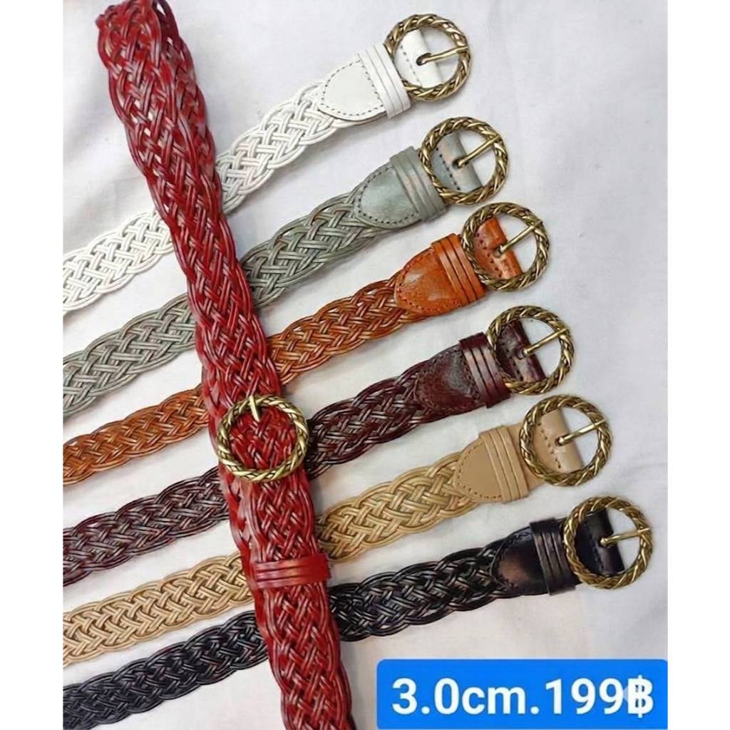 LK514 Lucky Belt เข็มขัดหนังถัก 3cm ฟรีไซส์ หัวทองวินเทจ สไตล์มินิมอล ใส่ได้ทุกเอว