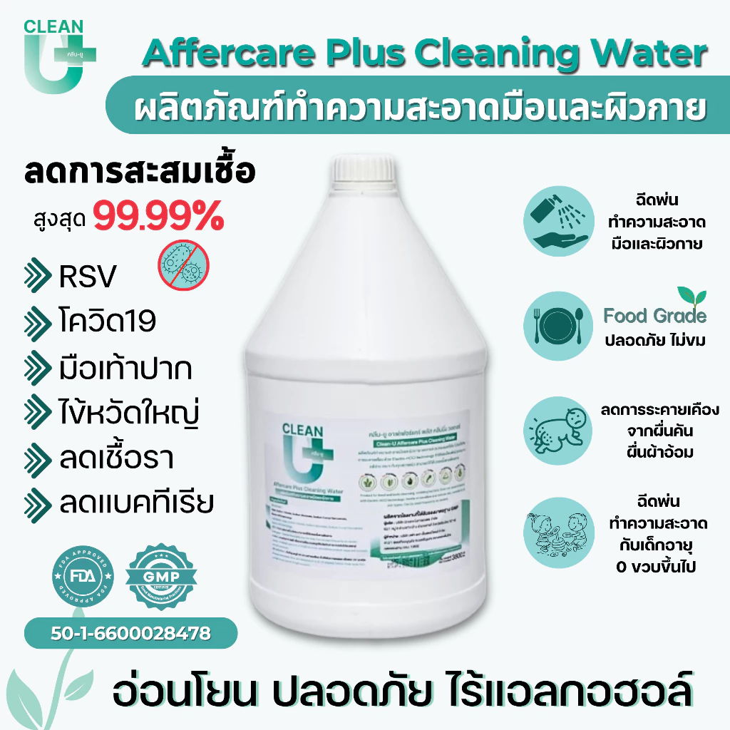 Clean-U 3800ml Affercare Plus Cleaning water >Hypochlorous Acid *Food Grade ลดการสะสมแบคทีเรีย ไวรัส