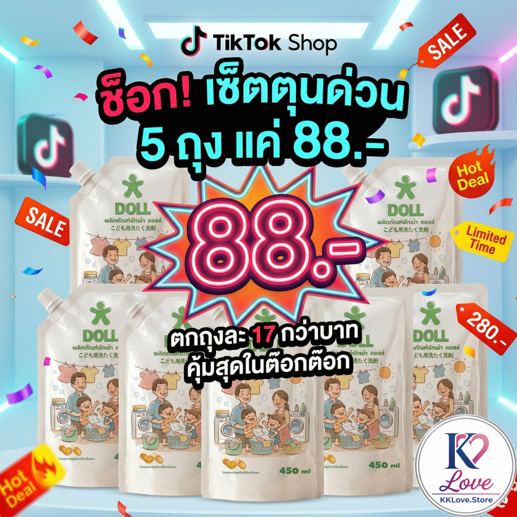 [แพ็ค 5 ถุง คุ้มสุด!] DOLL ซักผ้าเด็ก 450ml x 5 ถนอมมือแม่ ขจัดคราบฝังแน่น หอมสะอาดปลอดภัย