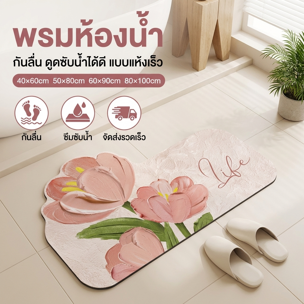 【พร้อมส่ง】พรมห้องน้ำ พรมเช็ดเท้า ลายดอกไม้ ดูดซับน้ำได้ดี แบบแห้งเร็ว กันลื่น ทําความสะอาดง่าย 40x60ซม.