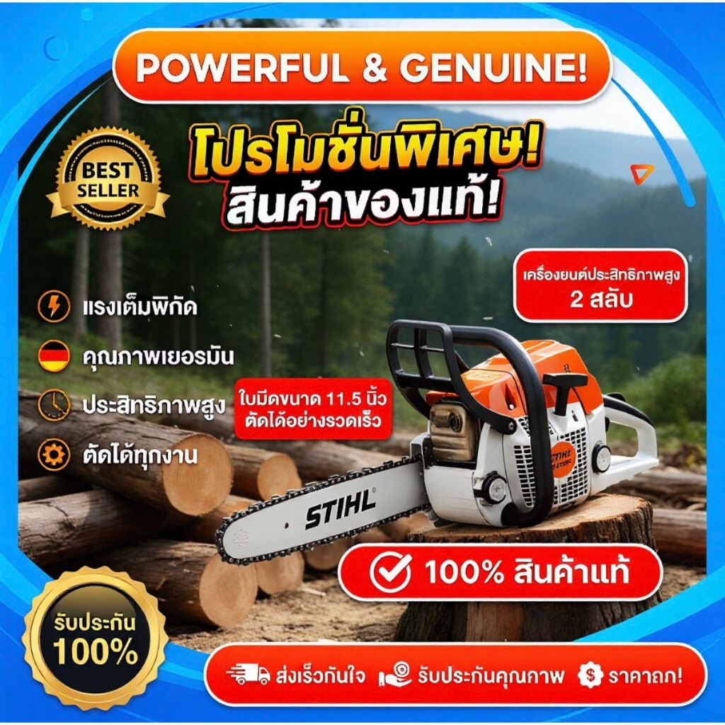 เลื่อยยนต์ STIHL MS231 11.5 นิ้ว พลังแรง 5800 น้ำหนักเบา ตัดแต่งกิ่งในสวน สตาร์ทง่าย แถมอุปกรณ์ครบ