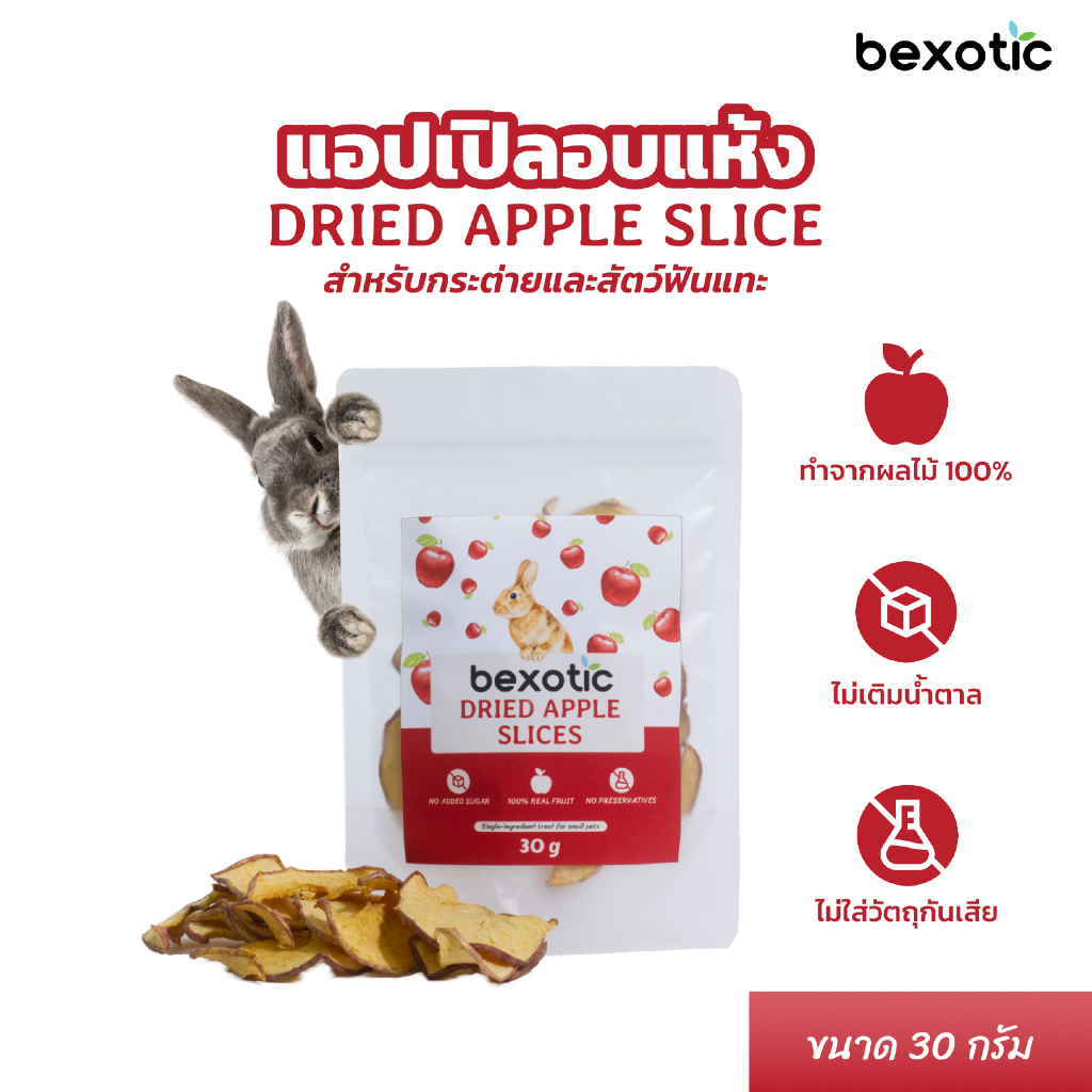 แอปเปิลอบแห้งสำหรับกระต่าย แกสบี้ ชินชิลล่า และสัตว์ฟันแทะ bexotic dried apple slices 30g