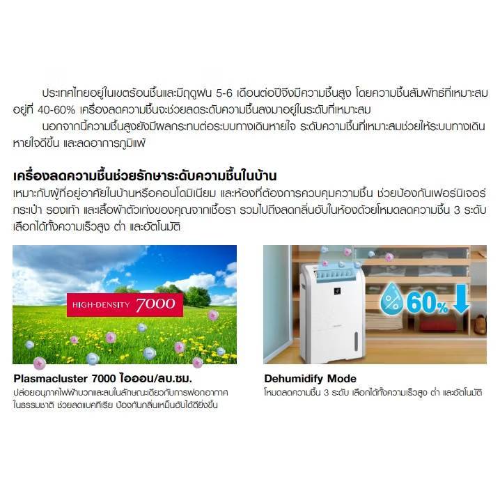 SHARP เครื่องลดความชื้น รุ่น DW-D20A-W ขนาด 20 ลิตร ขนาดถังน้ำ 4.2 ลิตร ขนาดห้อง 50 ตารางเมตร ราคา ถูกที่สุด ดีลบีเคเค แกลเลอรีภาพที่ 7