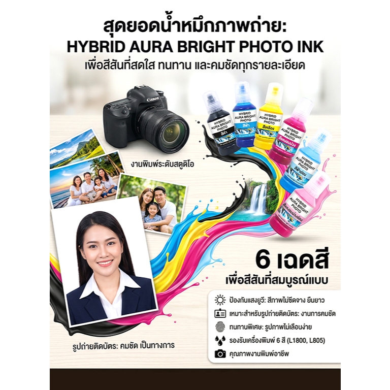 หมึกเติม พิกเม้นท์ 💫รูปติดบัตร กันน้ำ💧 กันเเดด กัน UV✨หมึกสีคมชัด Hybrid Aura Bright Photo รุ่น / L8