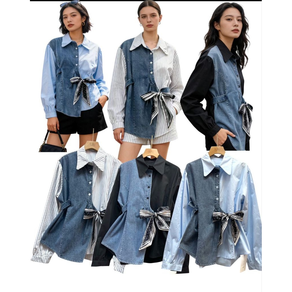LUEDY Shop เสื้อเชิ้ตตัวยาวผ้าคอตต้อลผูกโบว์ตรงเอว