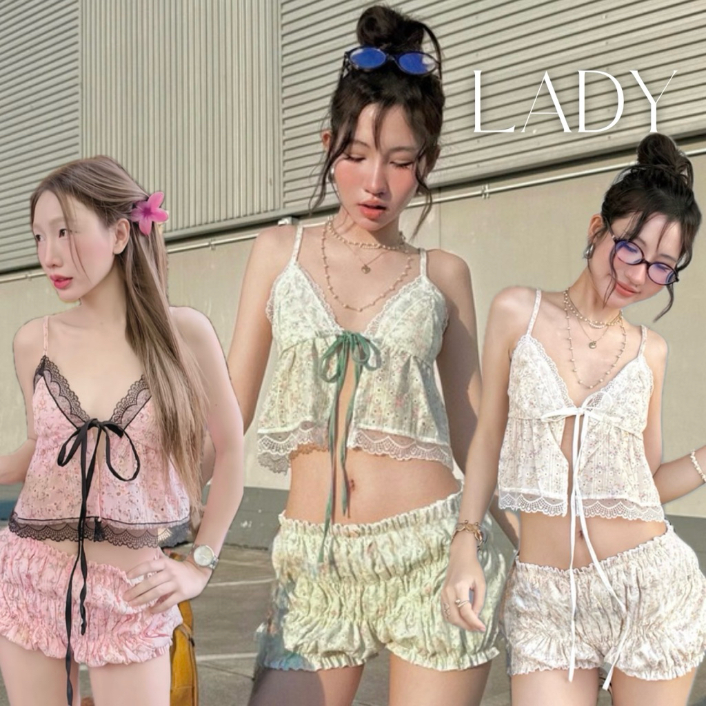 🌼งานป้าย suwimol 🌼 set เสื้อสายเดี่ยวเลดี้ ผ้าฉลุงานปักดอกไม้ & กางเกงขาสั้นแต่งระบาย ลายดอก Lady